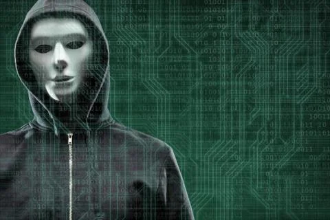 Anonymous computer hacker over abstract digital background. Obscured dark face Stock-Fotos