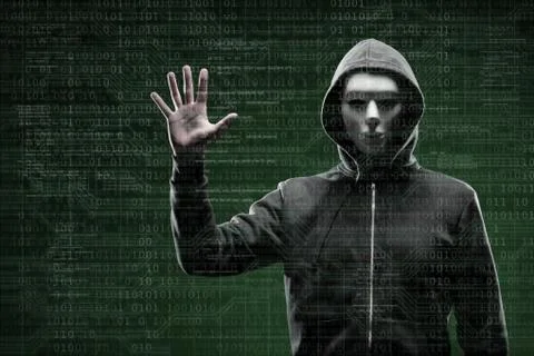 Anonymous computer hacker over abstract digital background. Obscured dark face Stock-Fotos
