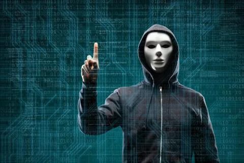 Anonymous computer hacker over abstract digital background. Obscured dark face Stock-Fotos