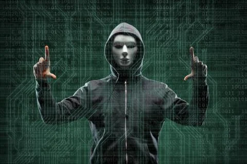 Anonymous computer hacker over abstract digital background. Obscured dark face Stock-Fotos