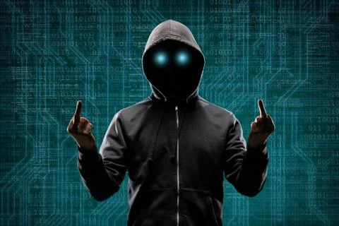 Anonymous computer hacker over abstract digital background. Obscured dark face Stock Photos