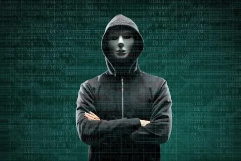 Anonymous computer hacker over abstract digital background. Obscured dark face 库存照片