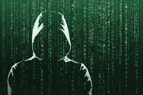 Anonymous computer hacker over abstract digital background. Obscured dark face Stock-Fotos