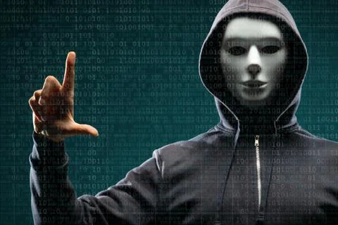 Anonymous computer hacker over abstract digital background. Obscured dark face Stock-Fotos