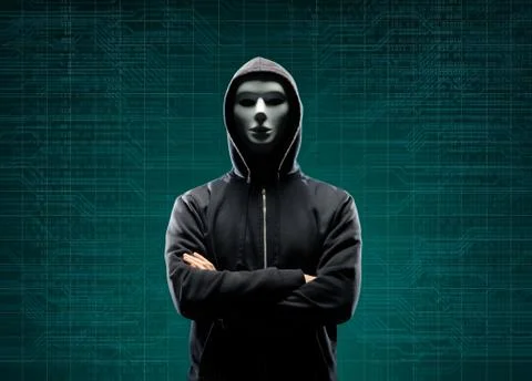 Anonymous computer hacker over abstract digital background. Obscured dark face Stock-Fotos