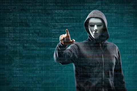 Anonymous computer hacker over abstract digital background. Obscured dark face Stock-Fotos