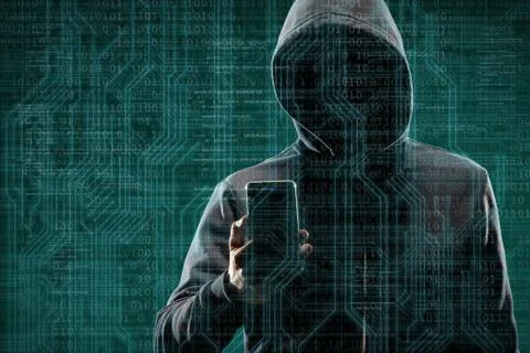 Anonymous computer hacker with a smartphone over abstract digital background Stock Photos