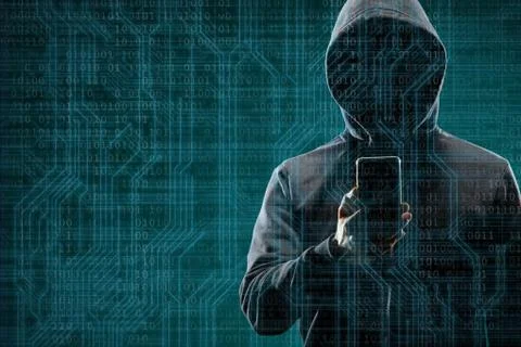 Anonymous computer hacker with a smartphone over abstract digital background Stock-Fotos