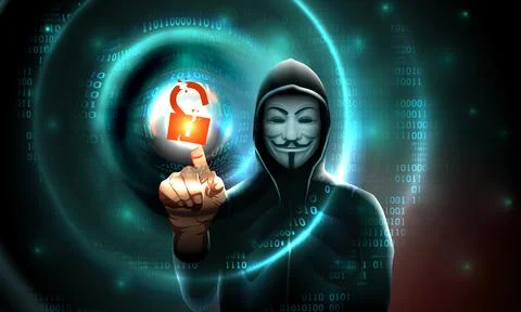 Anonymous computer hooded hacker on blue background, binary code. Hacked lock Stock Illustration