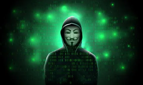 Anonymous computer hooded hacker on green background with binary code. Activist イラスト素材