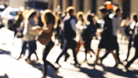 Anonymous crowd of people walking San Francisco street in the sun of morning Stock Footage 122166128