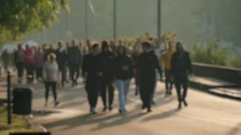 Anonymous crowd of people walking together in a park Stock Footage 329277793