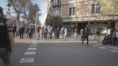 Anonymous crowd of people walking on zebra crossing rush hour commuters slow mot Stock Footage 73086294