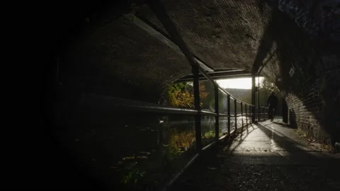 Anonymous cyclist rides through a tunnel next to canal Stock Footage 166529591