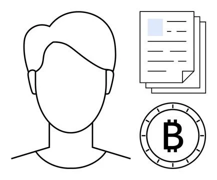 Anonymous Figure with Documents and Bitcoin Symbol in Minimal Style in Blac.. Stock Illustration