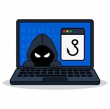 Anonymous hacker and hook icon on laptop screen Stock Illustration