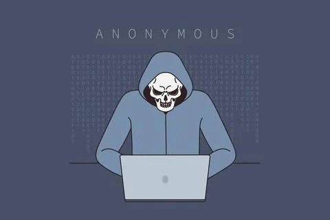 Anonymous hacker break in computer system Anonymous hacker in hood and sku... Foto stock