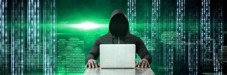 Anonymous hacker with computer code binary interface in city 스톡 사진