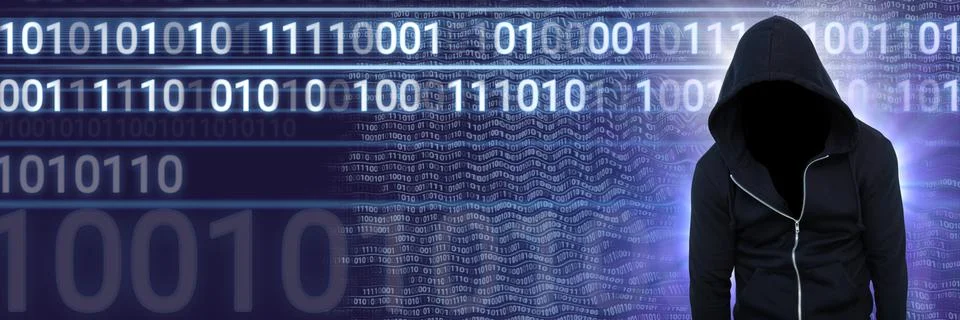 Anonymous hacker with computer code binary interface Stock Photos