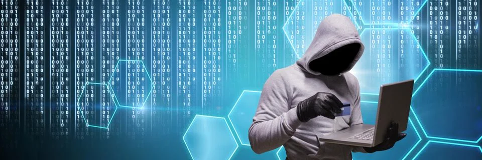Anonymous hacker with computer code binary interface Stock Photos
