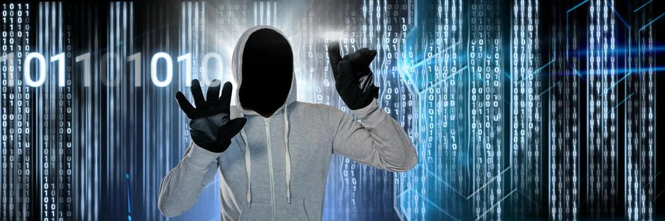 Anonymous hacker with computer code binary interface 库存照片
