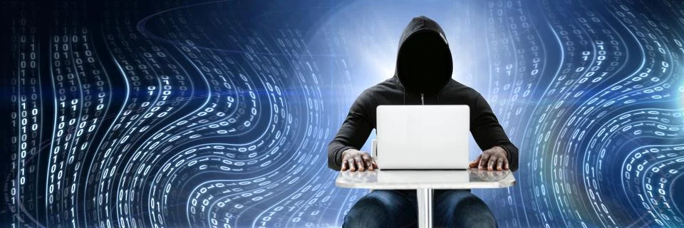 Anonymous hacker with computer code binary interface Stock Photos