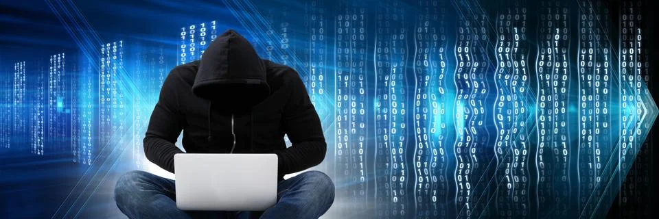 Anonymous hacker with computer code binary interface Stockfoto's