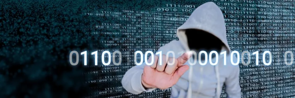 Anonymous hacker with computer code binary interface 스톡 사진