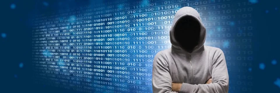 Anonymous hacker with computer code binary interface Stock Photos
