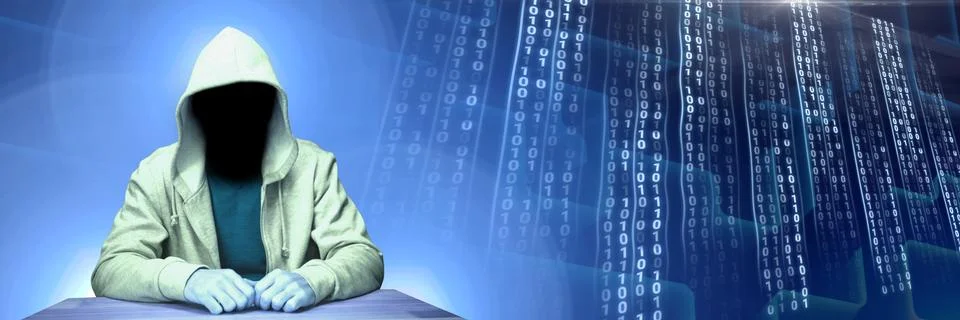 Anonymous hacker with computer code binary interface Stock Photos