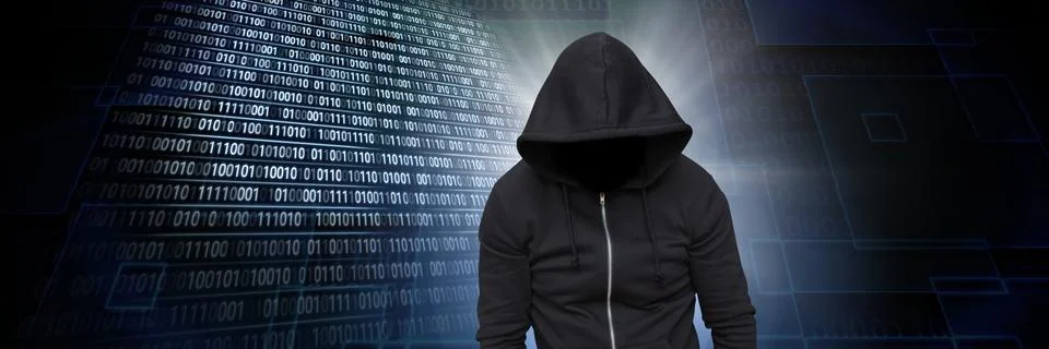 Anonymous hacker with computer code binary interface Stock Photos
