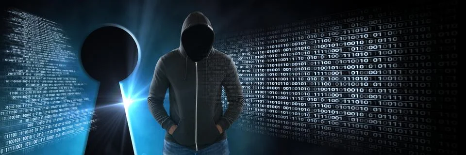 Anonymous hacker with computer code binary interface and keyhole Stock Photos