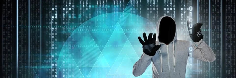 Anonymous hacker with computer code binary interface Stock Photos
