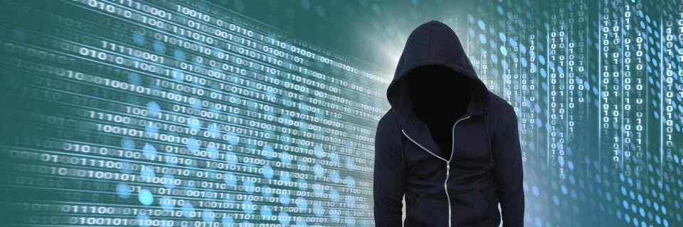 Anonymous hacker with computer code binary interface Stock Photos