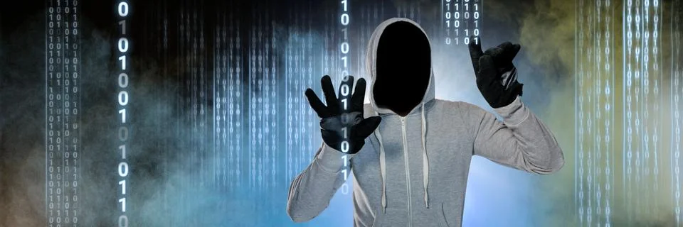 Anonymous hacker with computer code binary interface Stock Photos