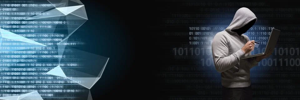 Anonymous hacker with computer code binary interface Stock Photos