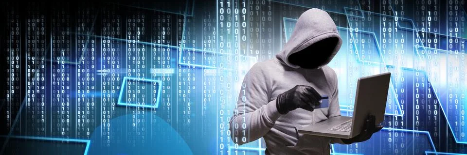Anonymous hacker with computer code binary interface Stock Photos