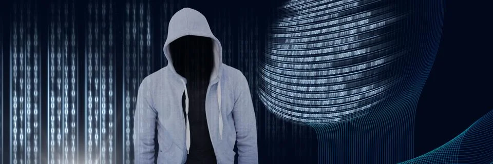 Anonymous hacker with computer code binary interface Stock Photos