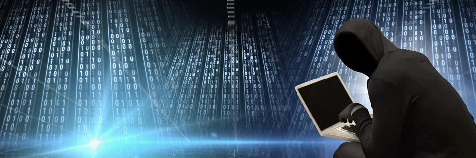 Anonymous hacker with computer code binary interface Stock Photos