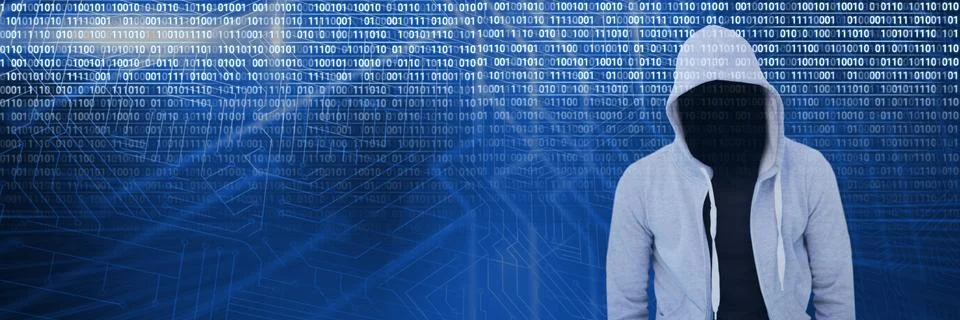 Anonymous hacker with computer code binary interface Stock Photos