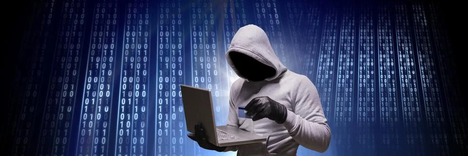 Anonymous hacker with computer code binary interface Stock Photos