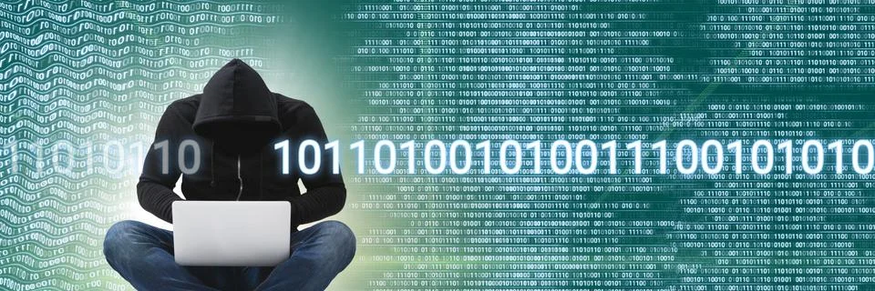 Anonymous hacker with computer code binary interface 스톡 사진