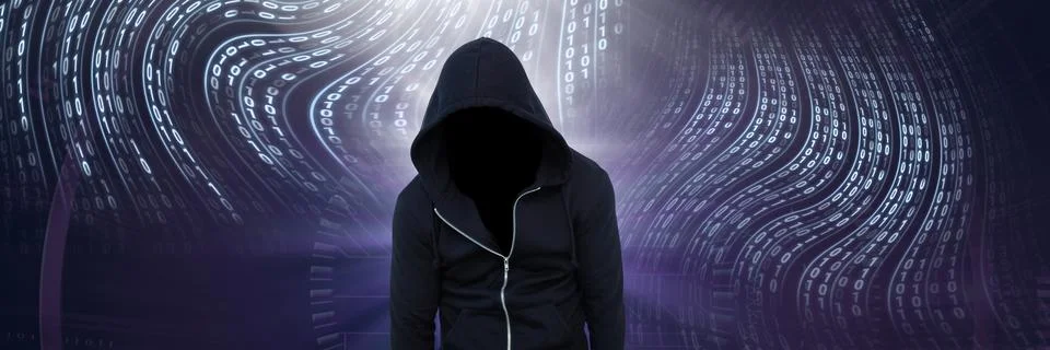 Anonymous hacker with computer code binary interface Stock Photos