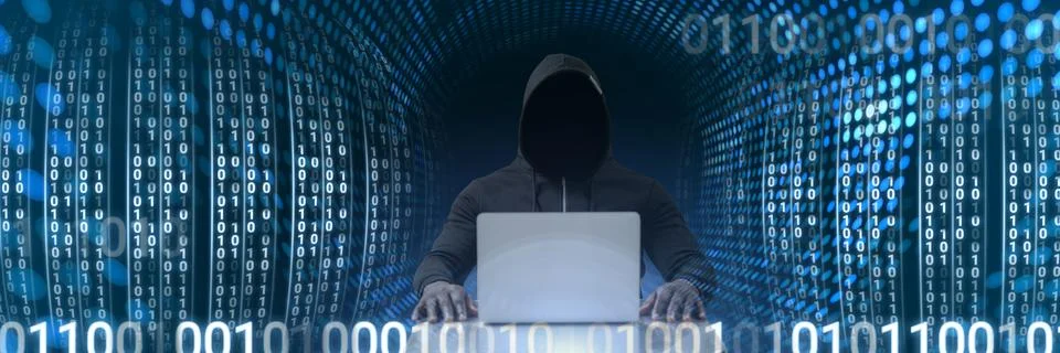Anonymous hacker with computer code binary interface Stock Photos