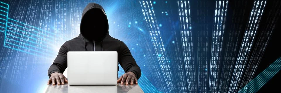 Anonymous hacker with computer code binary interface Stockfoto's