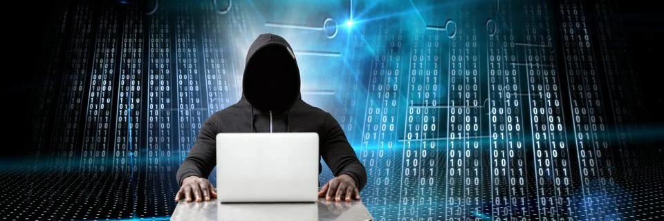 Anonymous hacker with computer code binary interface 写真素材