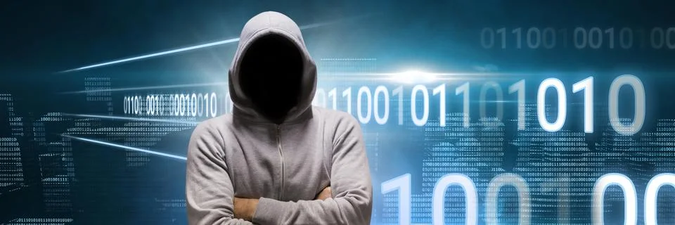 Anonymous hacker with computer code binary interface 스톡 사진