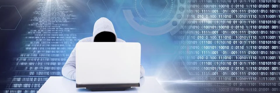 Anonymous hacker with computer code binary interface Stock Photos