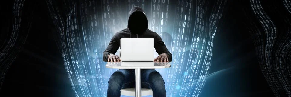 Anonymous hacker with computer code binary interface Stock Photos