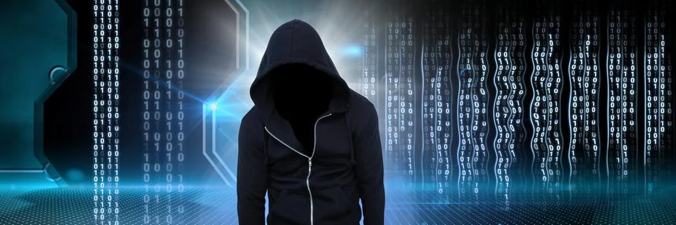 Anonymous hacker with computer code binary interface 库存照片